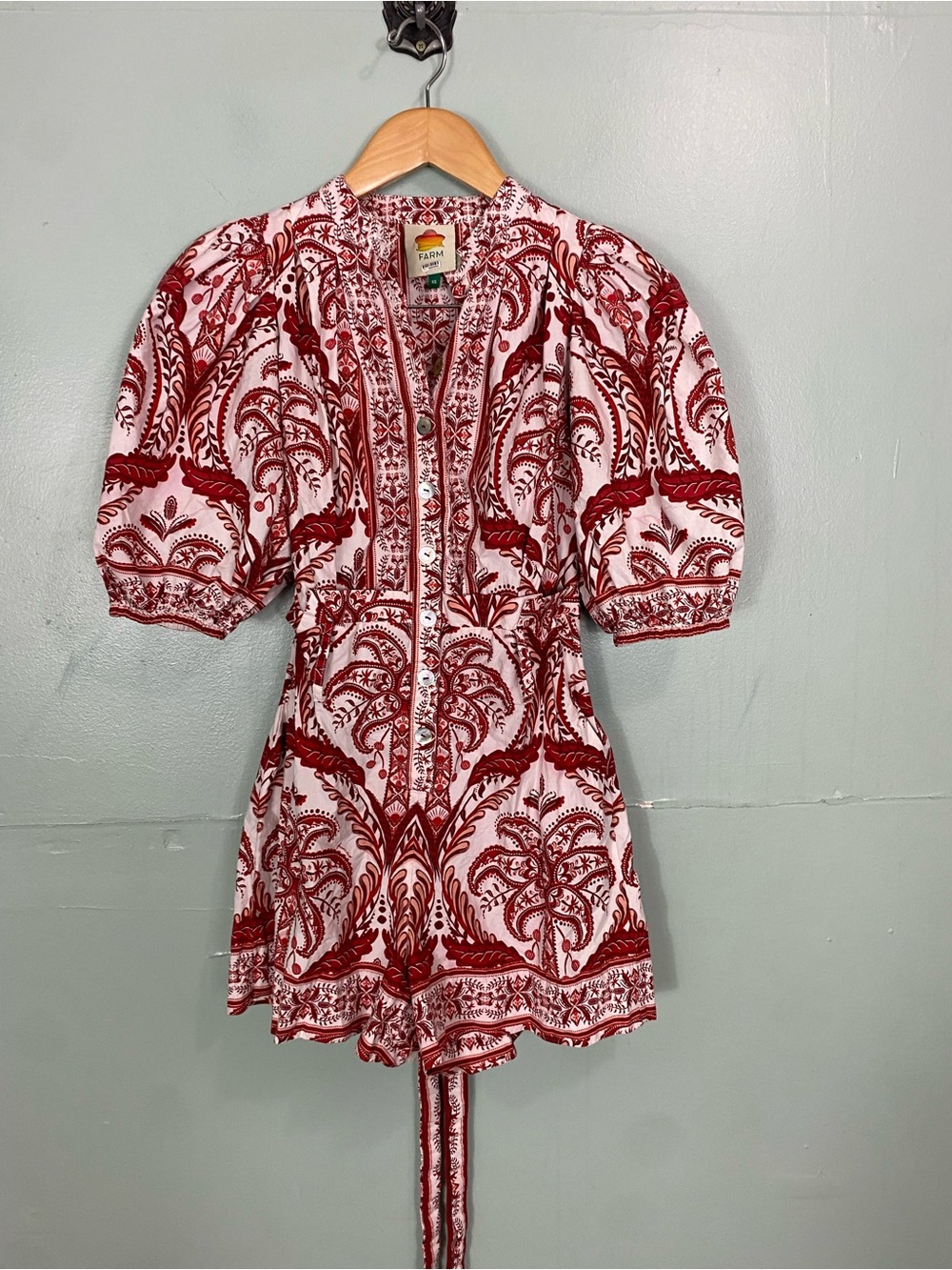 Farm Rio Tropical Cameo Belted Romper Red XS - Picture 2 of 10